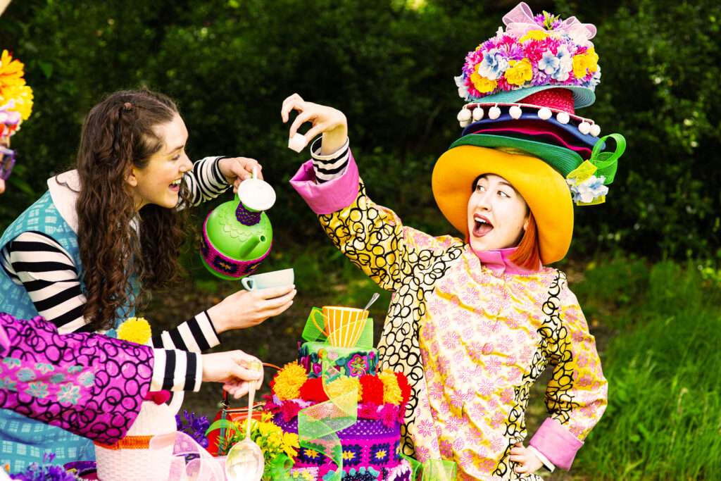 A scene from The Dukes outdoor Play in the Park performance of Alice's Adventures in Wonderland at Williamson Park, Lancaster, summer 2024.